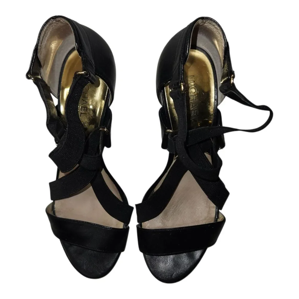 Michael Kors Black Strappy Heels with Gold Accents Size 8 Retails $200